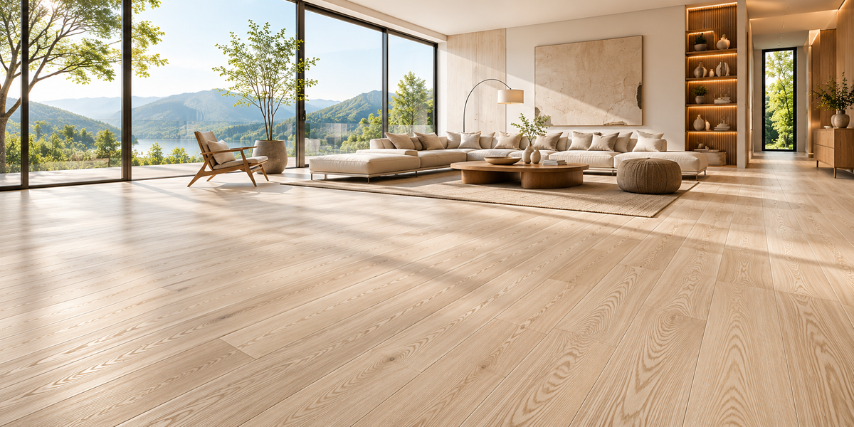 Luxury Scandinavian living room featuring premium light European Ash wood flooring with wide-plank matte finish and modern minimalist interior.