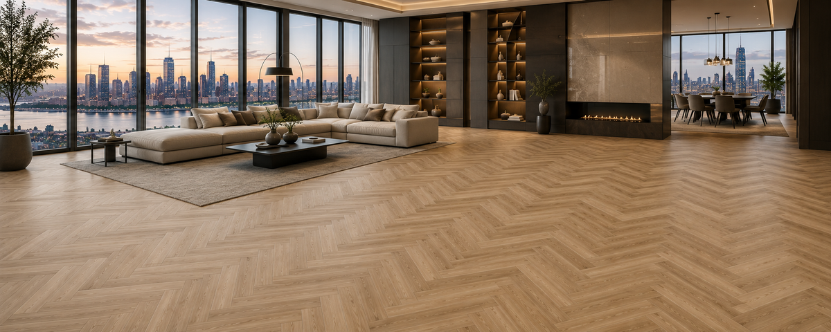 Luxury Herringbone Collection featuring premium waterproof SPC flooring with elegant parquet wood pattern, authentic oak grain, and contemporary designer living room by ArmorCore Floors.