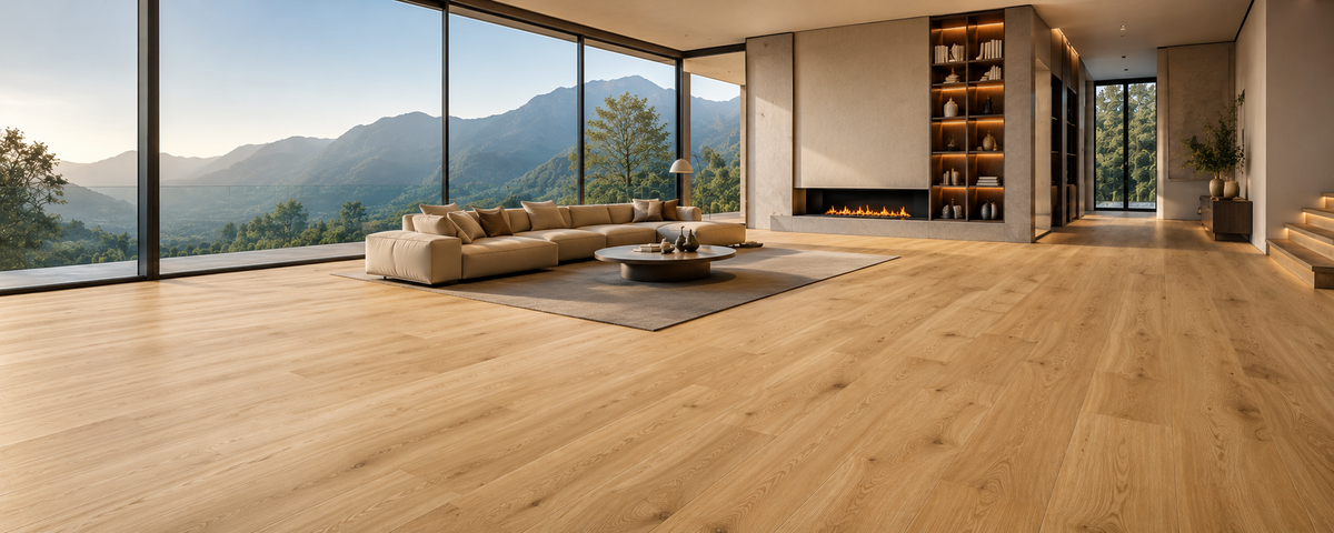 Luxury modern villa living room featuring premium European oak flooring from ArmorCore Floors with authentic wood grain, wide planks, and panoramic mountain views.