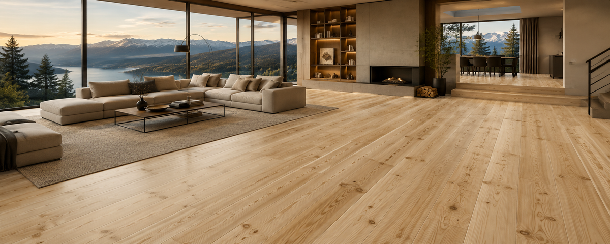 Premium Pine Collection SPC flooring in a luxury modern living room featuring natural light pine wood grain, waterproof wide plank flooring, contemporary architecture, and high-end residential interior by ArmorCore Floors.