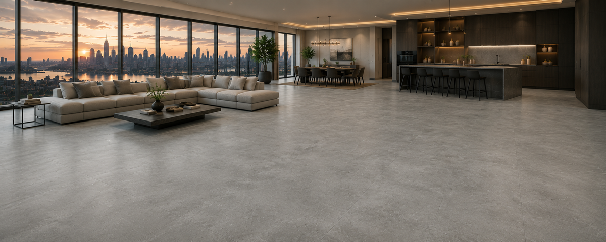 Luxury modern living room featuring premium Concrete Look SPC flooring with realistic cement texture, waterproof construction, contemporary interior design, and floor-to-ceiling windows by ArmorCore Floors.