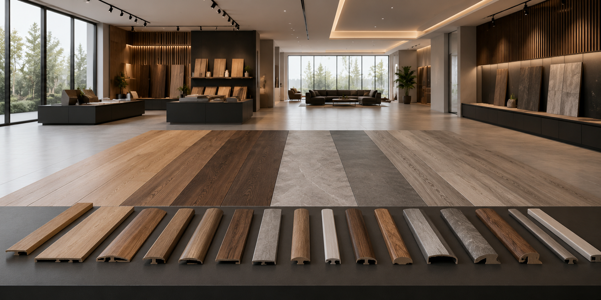 Premium flooring accessories including T-molding, reducers, stair nose, skirting boards, quarter round, end caps, transition trims, and floor moldings for SPC, vinyl, and laminate flooring by ArmorCore Floors.