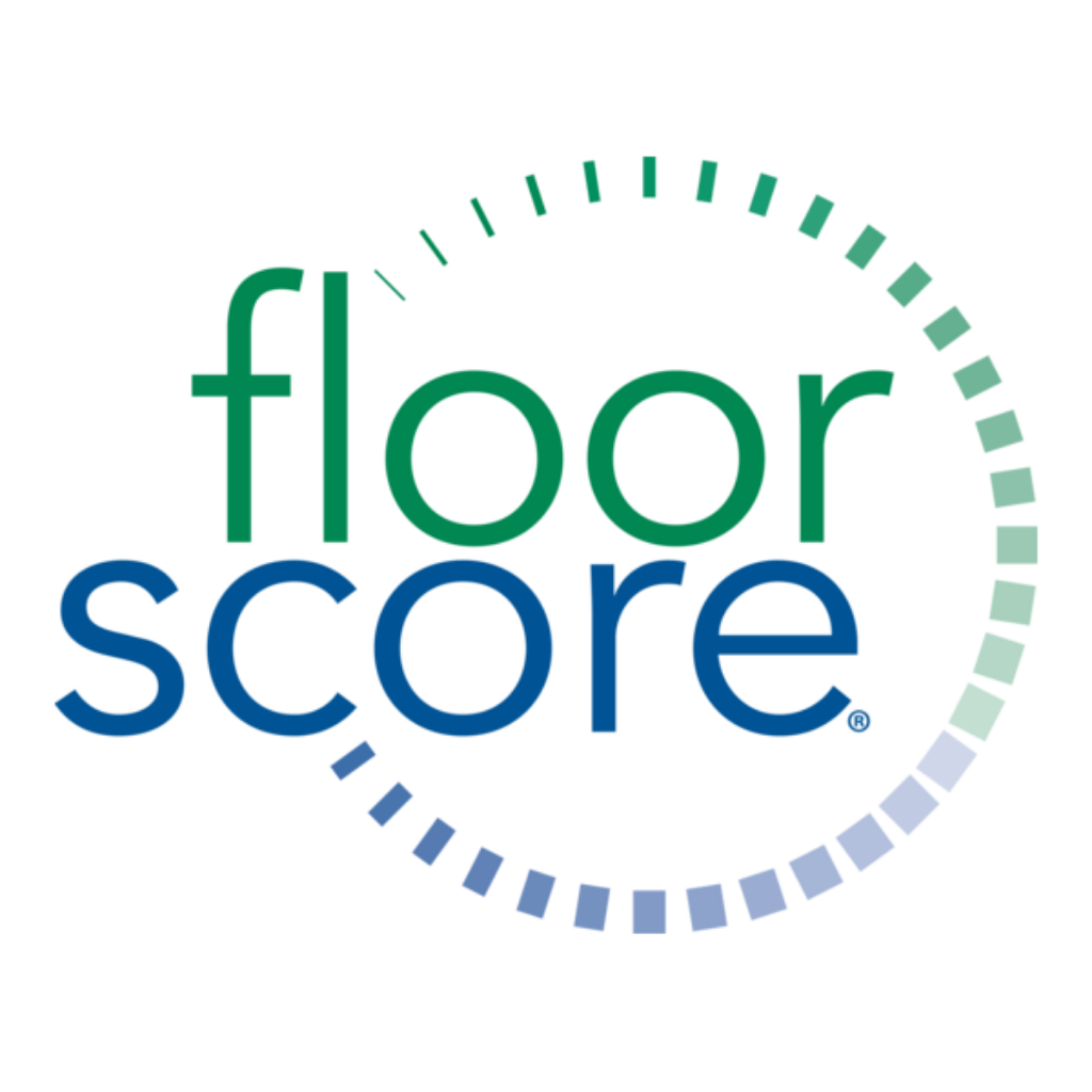 The floor score logo on a white background, featuring the words 'floor score' in green and blue text with a circular segmented arc in green and blue.