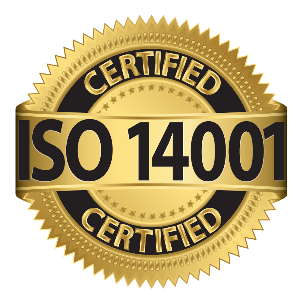 A gold and black ISO 14001 Certified seal badge on a plain white background.