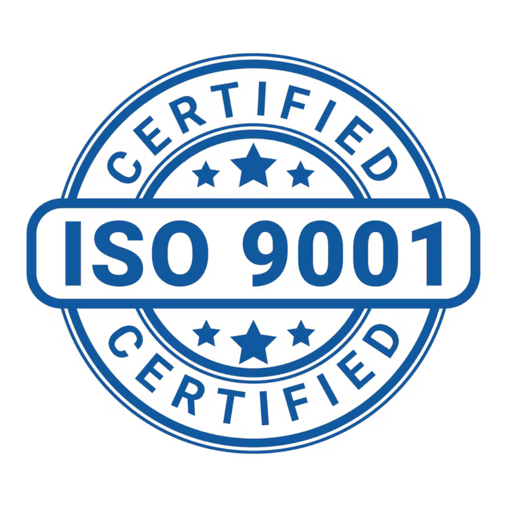 A blue circular ISO 9001 certification stamp on a white background.