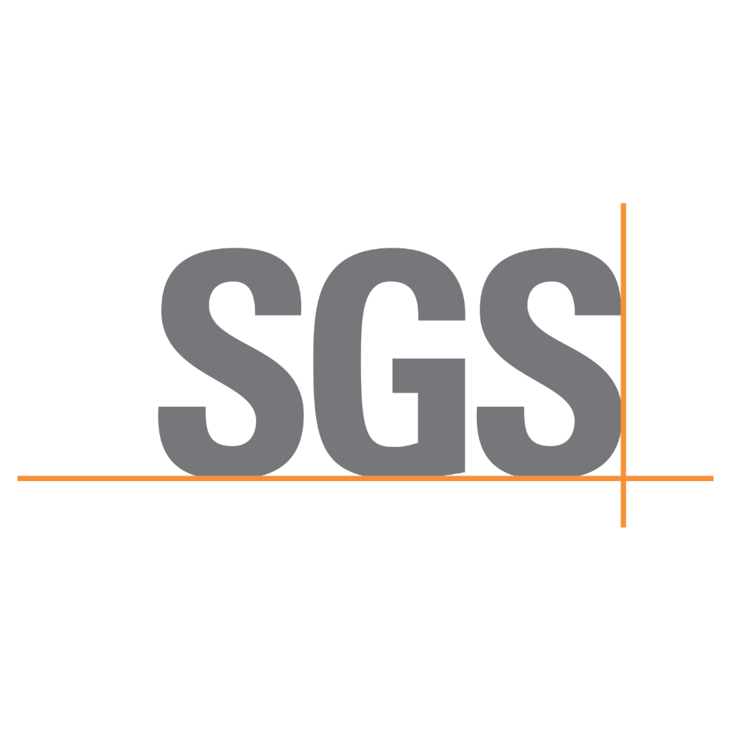 The SGS logo in gray sans-serif lettering with an orange horizontal line and vertical crosshair on a white background.