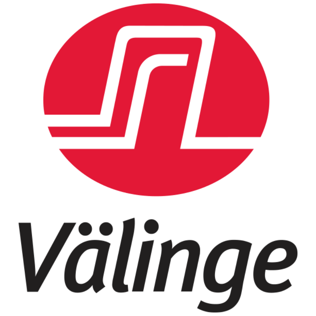 The Välinge brand logo, featuring a red circular emblem with a white stylized 'V' and the word 'Välinge' in black italicized text below, set against a solid white background.