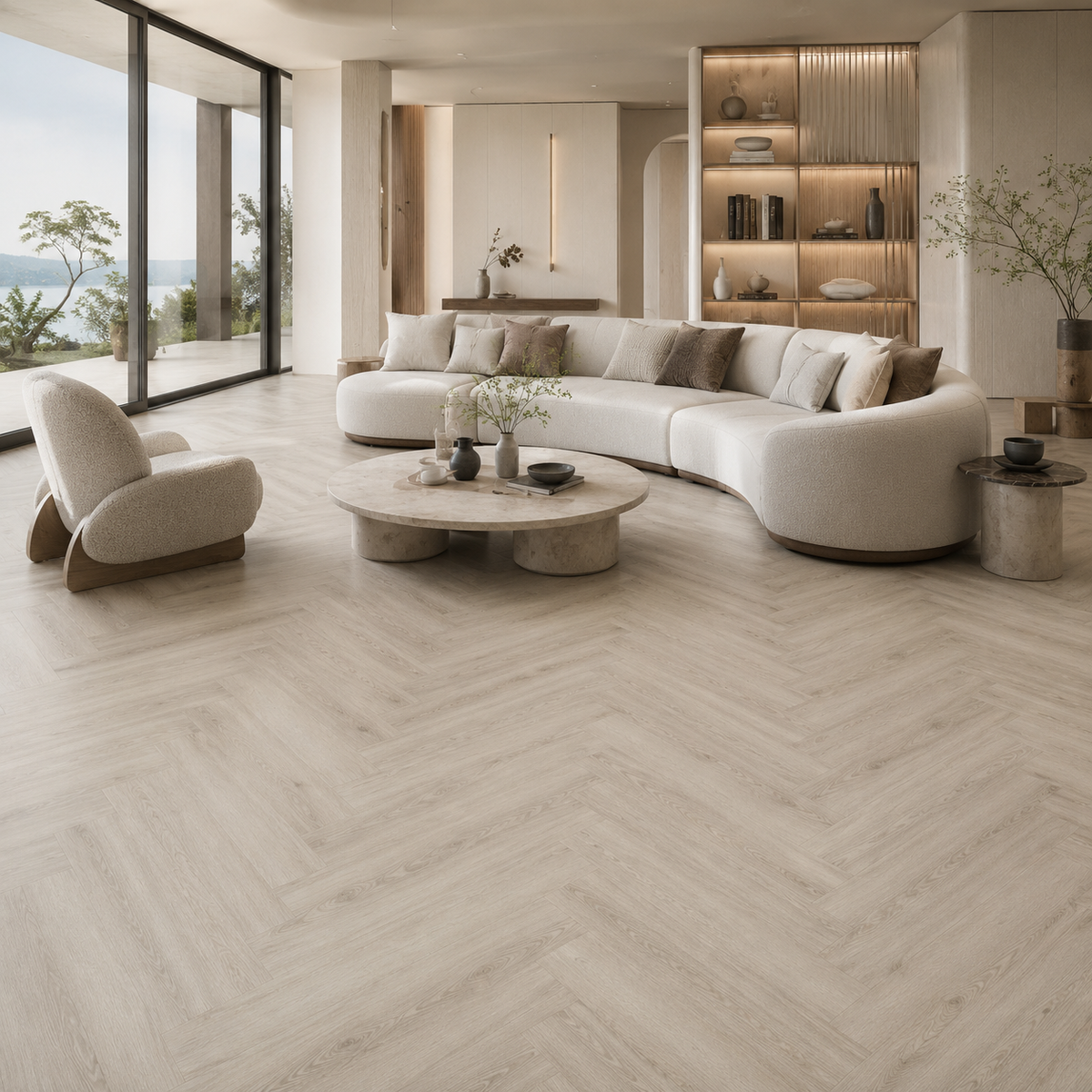 ArmorCore ACF-1054 light oak herringbone flooring in a modern interior