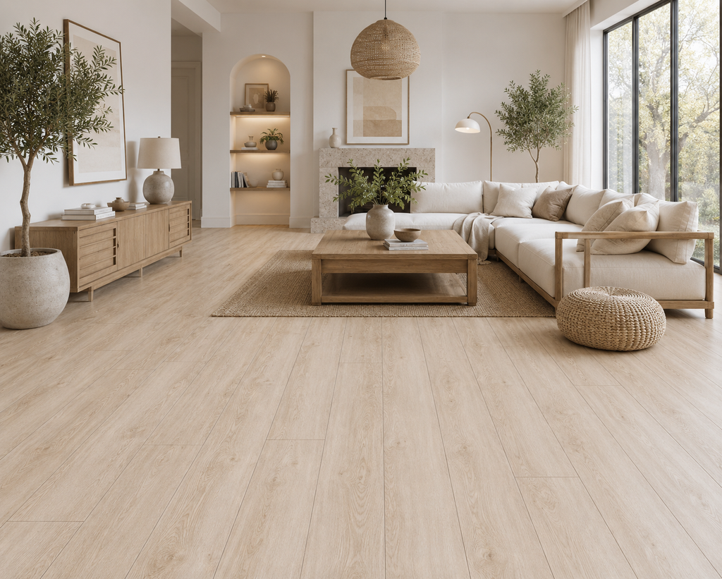 Modern Scandinavian living room featuring ArmorCore Alpine Pine Flooring with a light natural pine wood design.