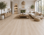Modern Scandinavian living room featuring ArmorCore Alpine Pine Flooring with a light natural pine wood design.