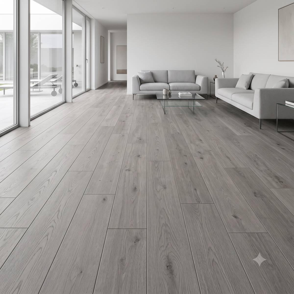 Luxury contemporary living room featuring ArmorCore Autumn Oak Flooring with authentic warm golden-brown oak wood design flooring.