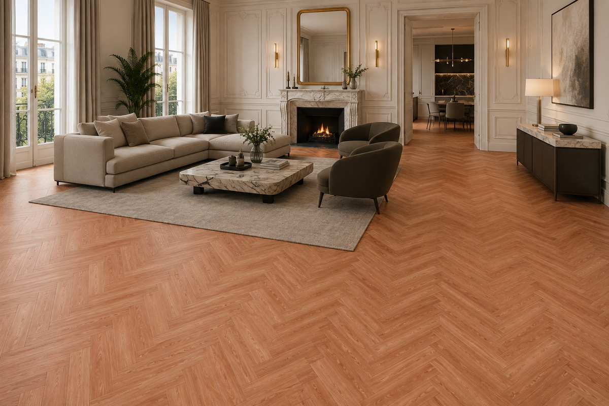 Luxury living room featuring ArmorCore Belgravia Herringbone Flooring in warm European oak