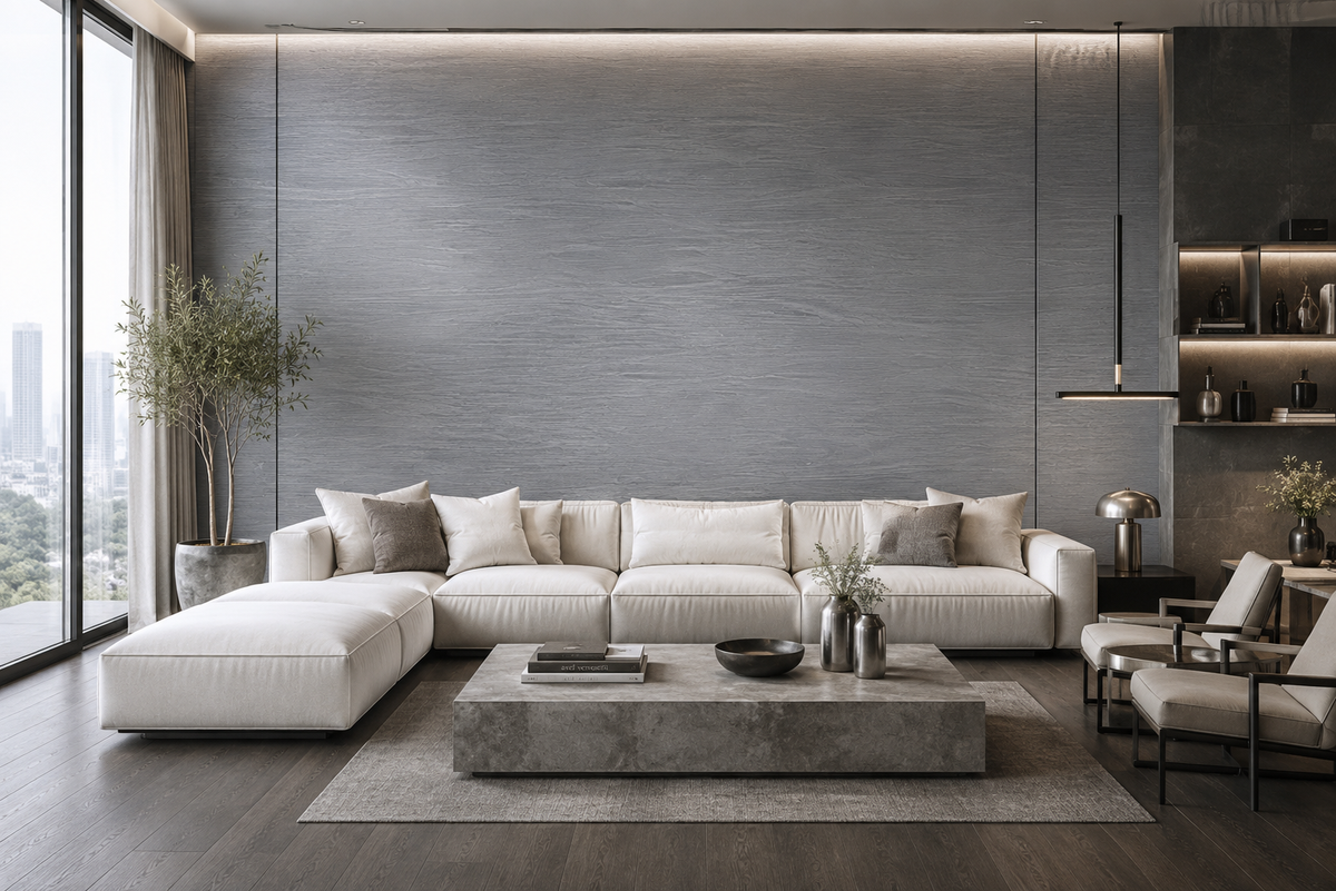 Luxury contemporary living room featuring ArmorCore Brushed Cascade Wall Panels with Water Flow Wood Grain (Brushing Treatment) and a cool ash grey brushed finish.