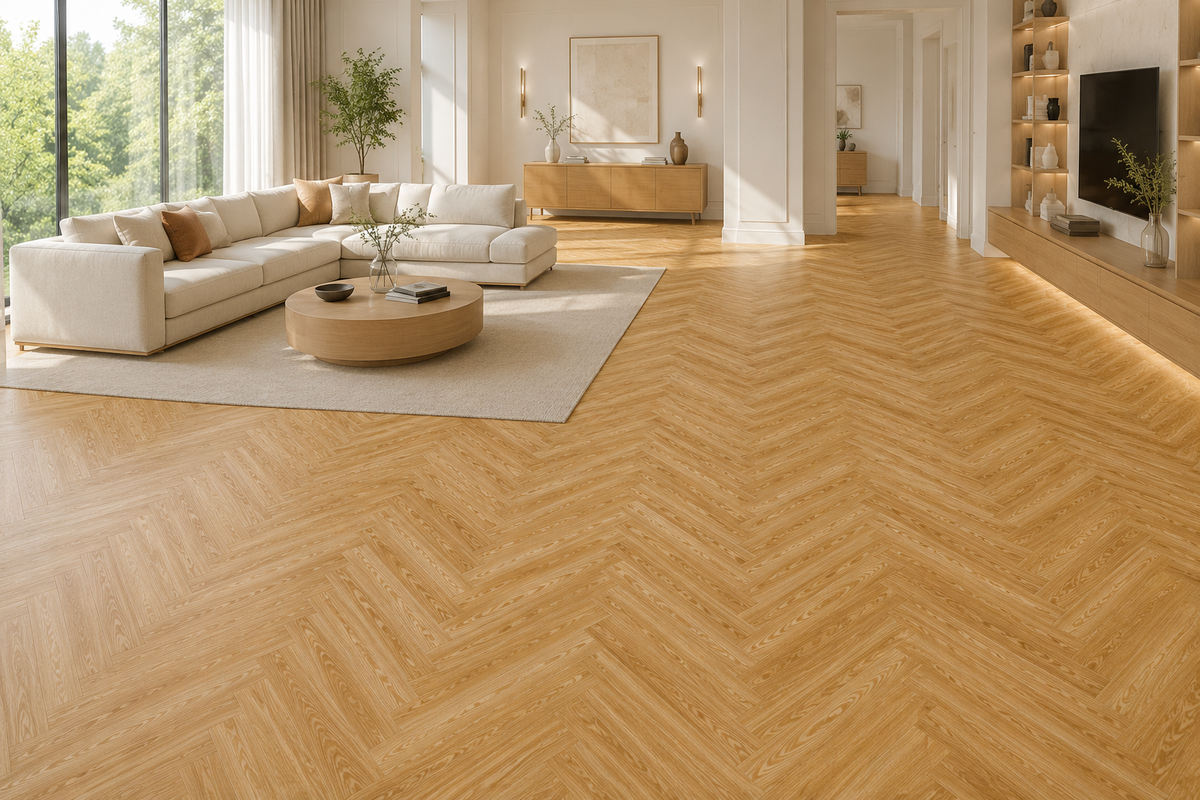 Luxury contemporary living room featuring ArmorCore Chelsea Herringbone Flooring installed in a classic herringbone pattern