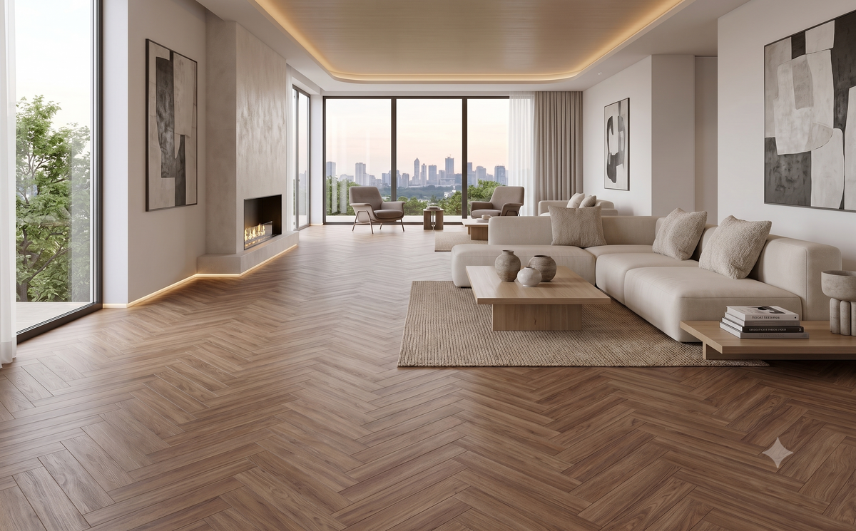 Luxury interior featuring ArmorCore Kensington Herringbone Flooring in natural light oak