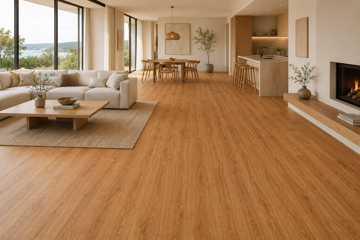 Luxury Scandinavian-inspired interior showcasing ArmorCore Mist Ash Flooring installed throughout the living space.