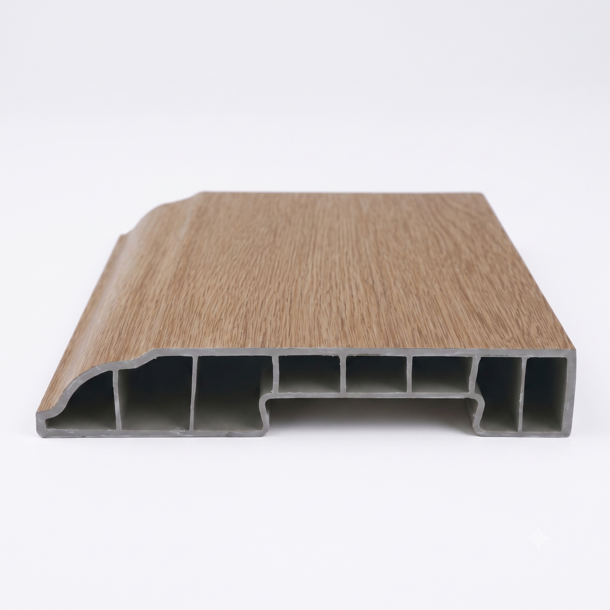 Premium SPC Skirting 80 Molding in Desert Taupe Oak finish with elegant natural wood-grain texture and waterproof Stone Plastic Composite construction.