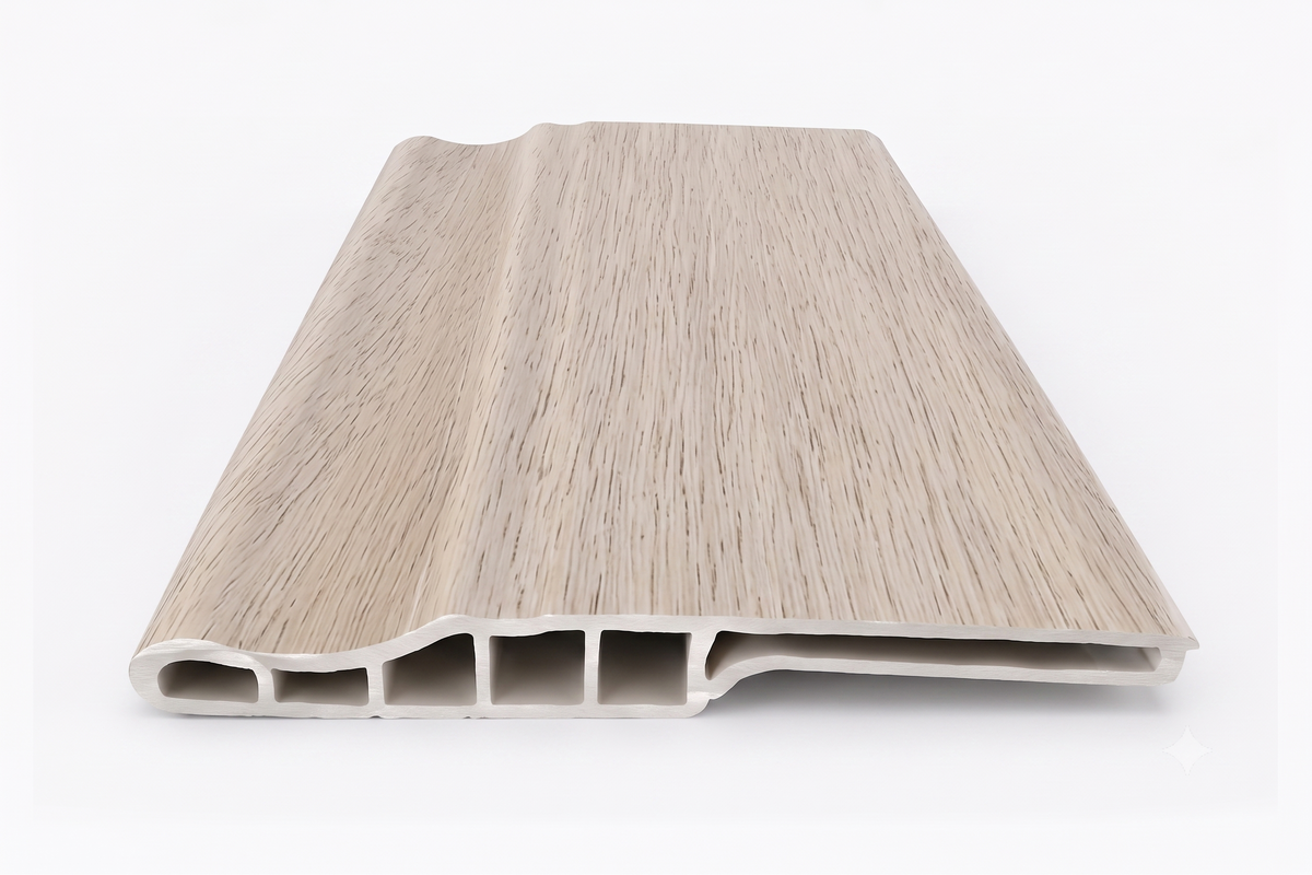 Premium SPC Skirting 90 Molding in Champagne White Oak finish with waterproof SPC construction for luxury flooring installations.