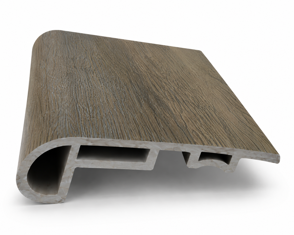 Premium SPC Stair Nose 1 Molding in Vintage Olive Oak finish with waterproof Stone Plastic Composite construction and premium architectural wood-grain appearance.