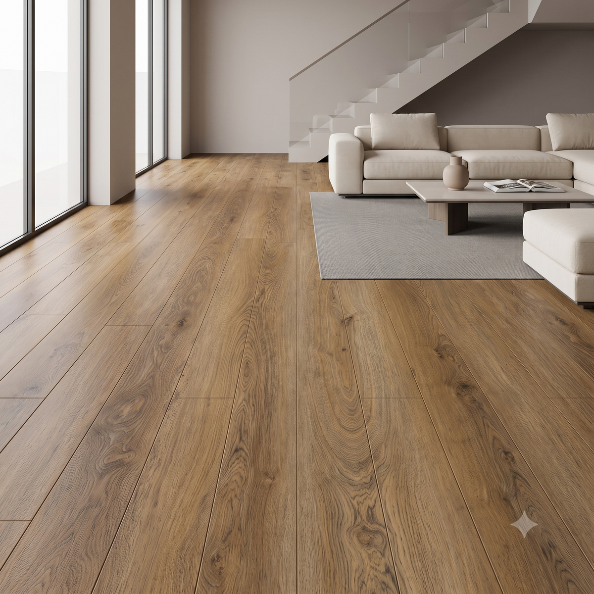 Luxury contemporary living room featuring ArmorCore Rustic Oak Flooring with rich warm oak tones, authentic wood grain, and elegant natural wood-inspired finish.