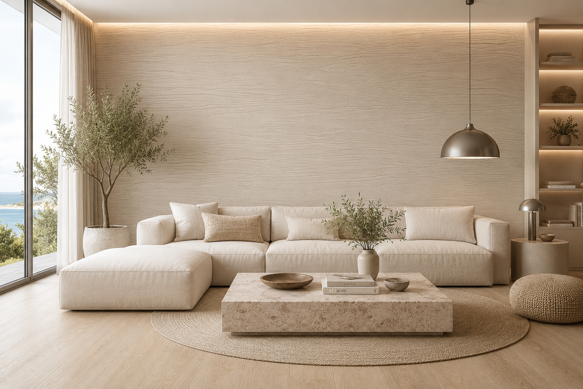 Luxury Scandinavian coastal living room featuring ArmorCore Sandwave Wall Panels with Water Flow Wood Grain (Sanding Treatment) and a soft driftwood beige finish.