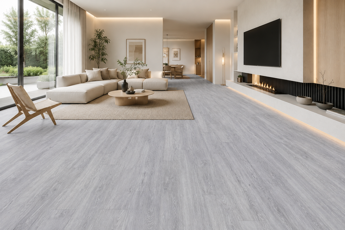 Close-up of ArmorCore Silver Ash Flooring highlighting natural silver ash grain, matte finish, and realistic embossed texture.