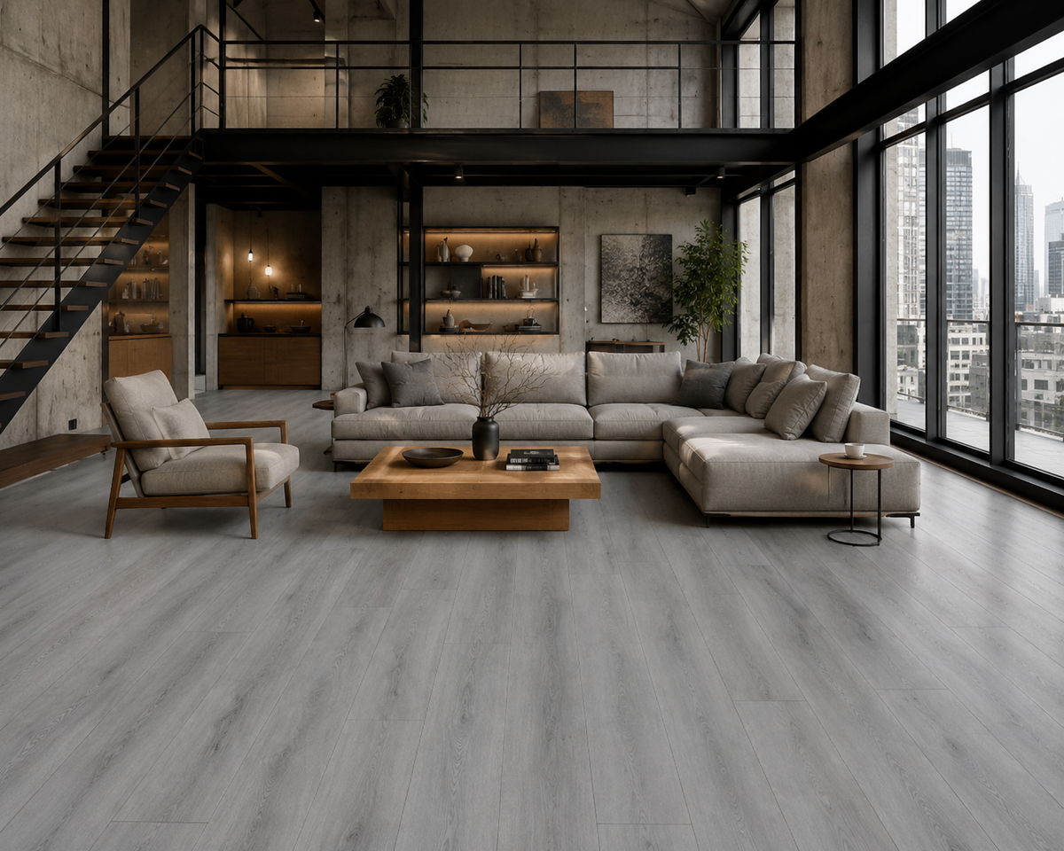 Luxury contemporary loft interior featuring ArmorCore Urban Concrete Flooring with authentic concrete-inspired stone design flooring.