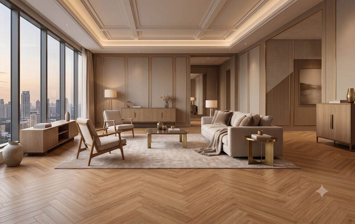 Luxury living room featuring ArmorCore Westminster Herringbone Flooring installed in a classic herringbone pattern