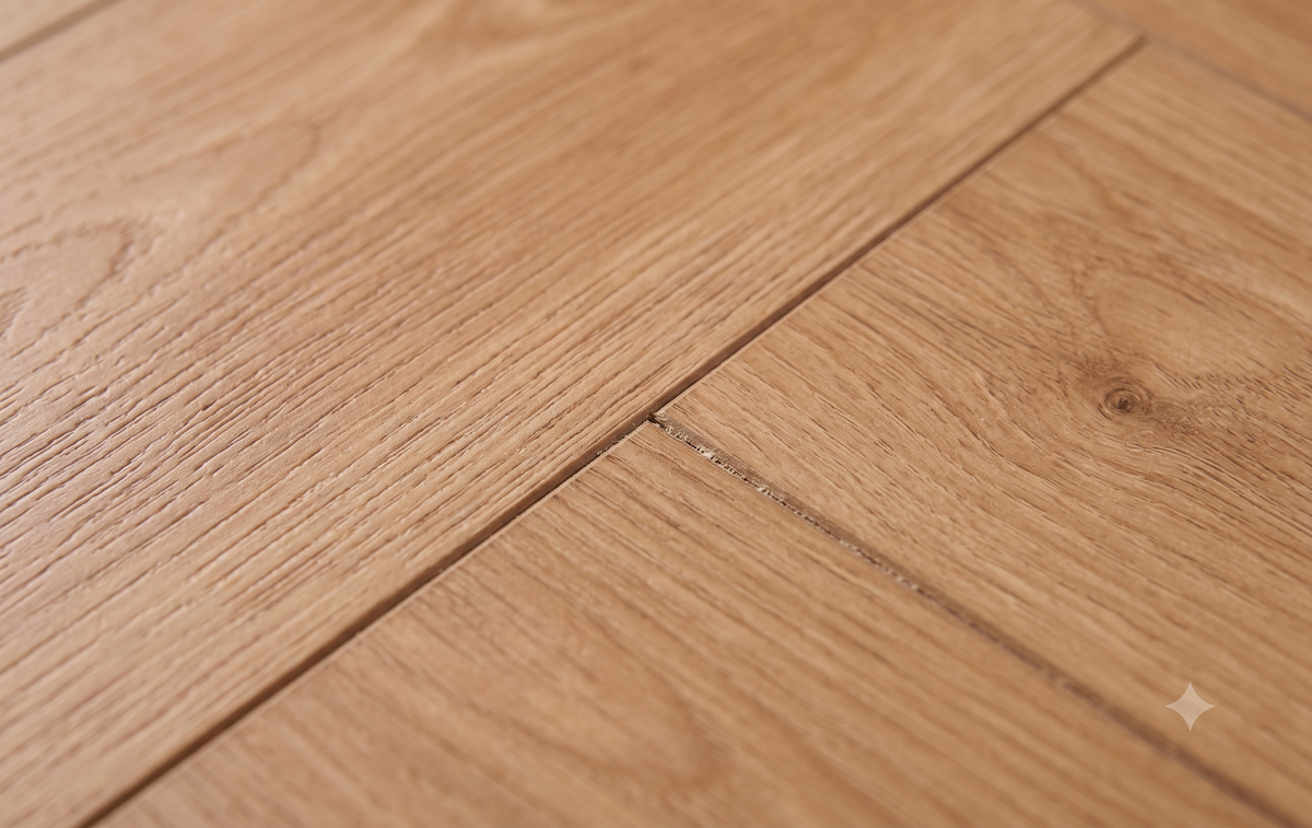 Close-up embossed wood grain of ArmorCore Westminster Herringbone Flooring in warm honey golden oak