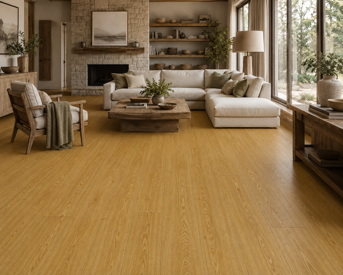 Luxury living room featuring ArmorCore Woodland Pine Flooring with warm natural honey wood appearance.