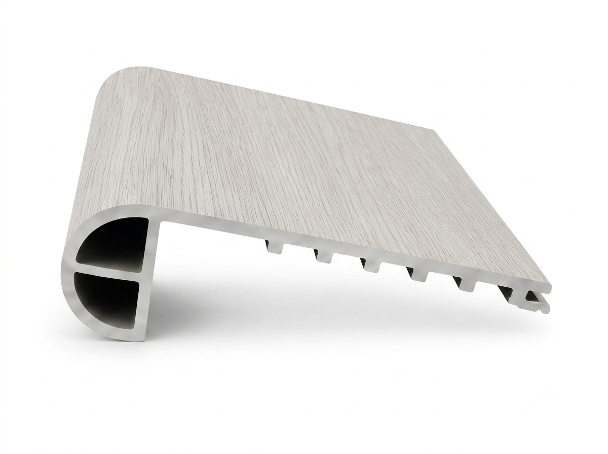 Premium SPC Stair Nose 2 Molding in Arctic Mist Oak finish by ArmorCore Floors.