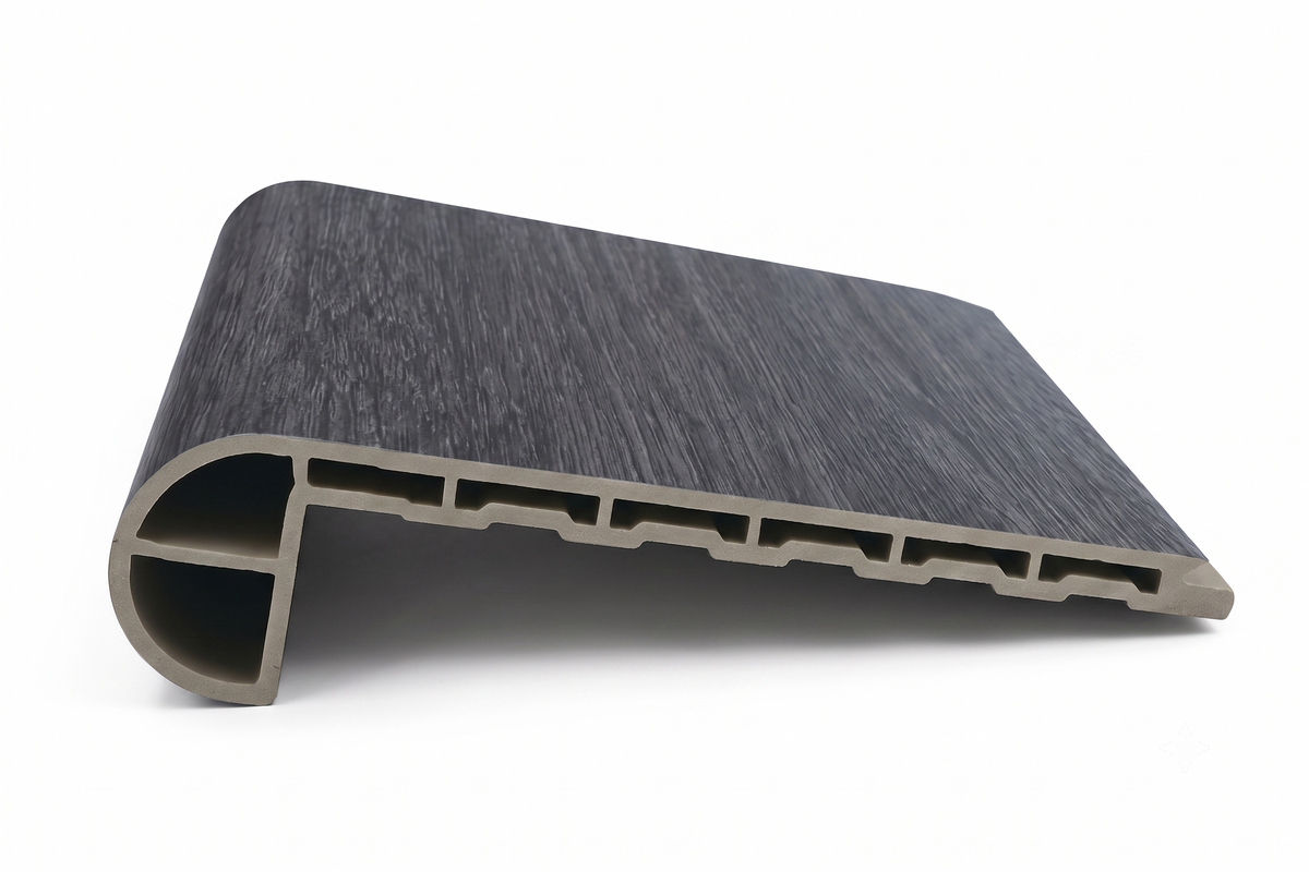 Premium SPC Stair Nose Profile Molding in Smoked Iron Ash finish by ArmorCore Floors.